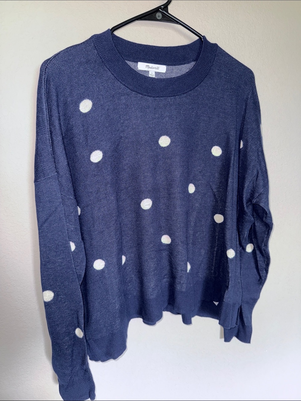 Madewell Navy Blue Crewneck Sweater with White Polka Dots